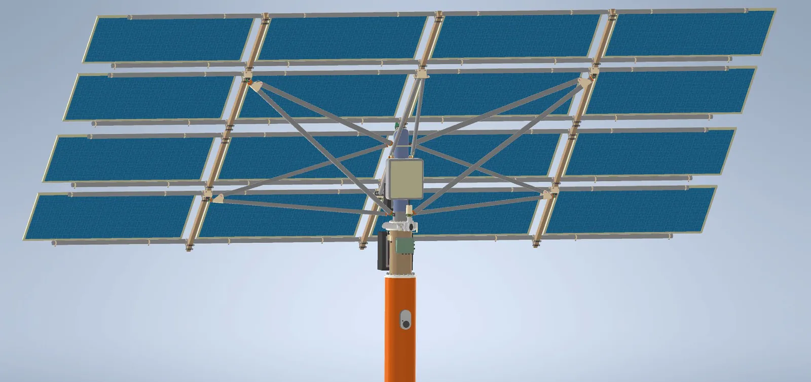 Il Bridges Sun 10.0 visto da dietro: sedici moduli su un palo singolo, con la struttura in tubi e il quadro di controllo
