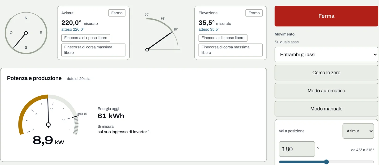 La pagina di un tracker per chi gestisce: azimut ed elevazione misurati e attesi, la sua potenza, il tasto Ferma e i comandi