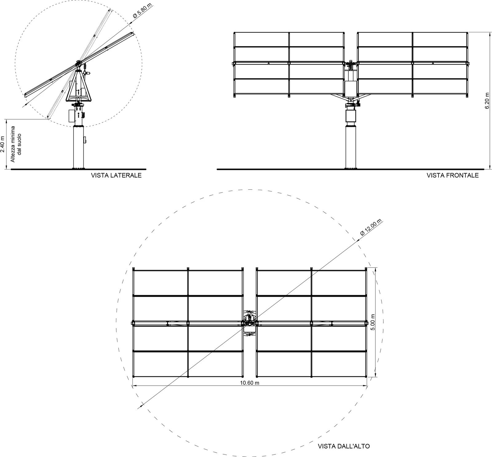 Technical drawing of the Sun Bridges 2AX: side, front and top views with the main dimensions