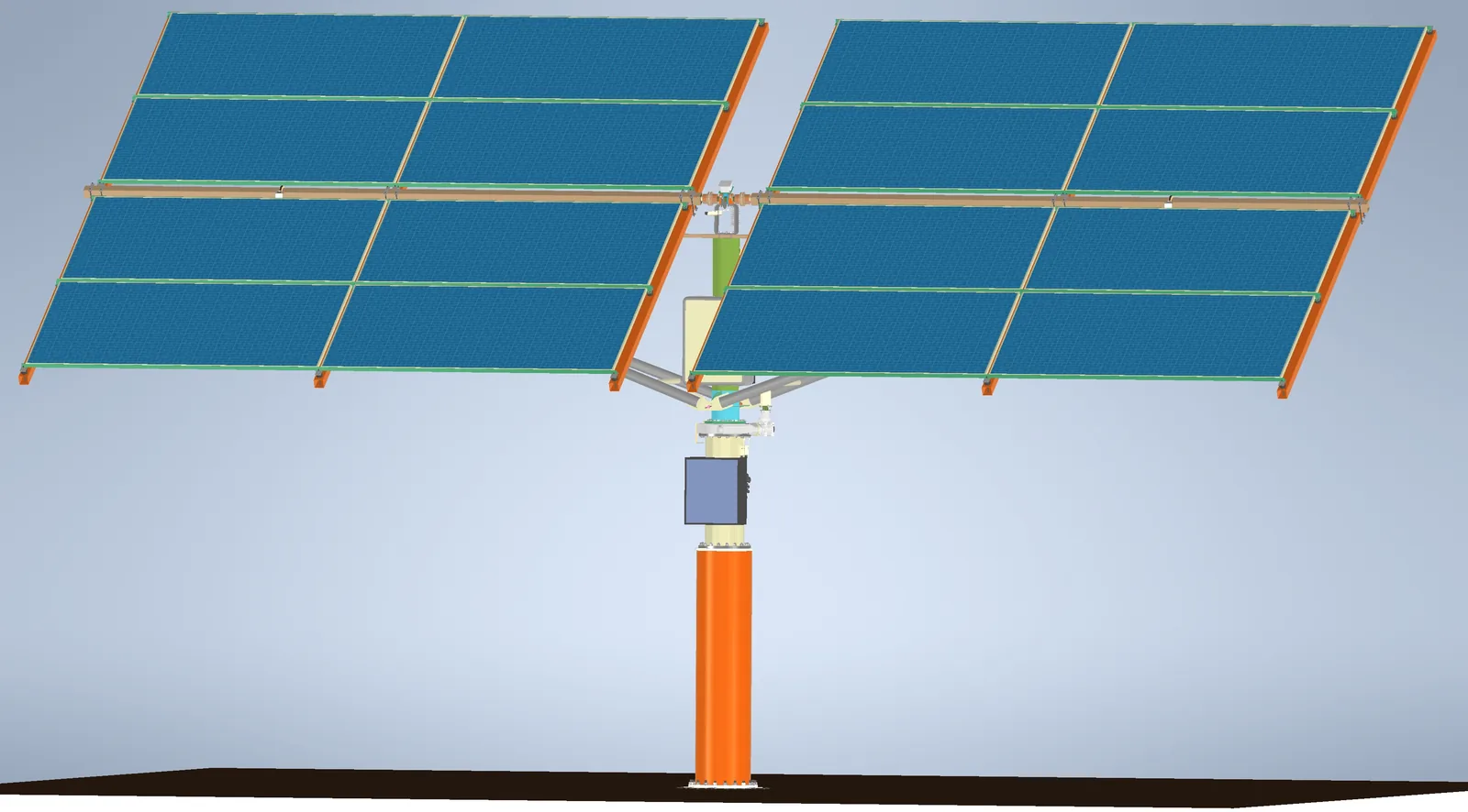 Sun Bridges 2AX seen from the front: sixteen bifacial modules in two wings on a single orange pole