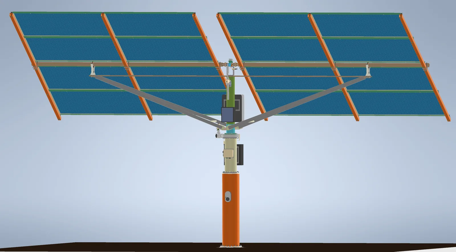 Sun Bridges 2AX from behind: the space frame of the two wings and the control cabinet mounted on the pole